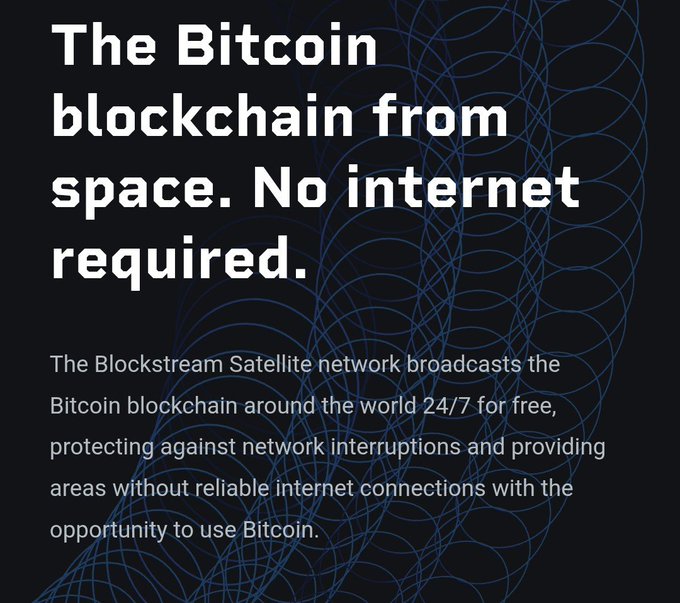 The image shows a poster or advertisement for Bitcoin that highlights its ability to be received from space. The text on the poster explains that Bitcoin can be accessed through satellite broadcasting, which allows users to stay connected with the Bitcoin network 24/7 without needing a traditional internet connection. This feature is particularly useful in areas where internet access may be limited or unavailable.