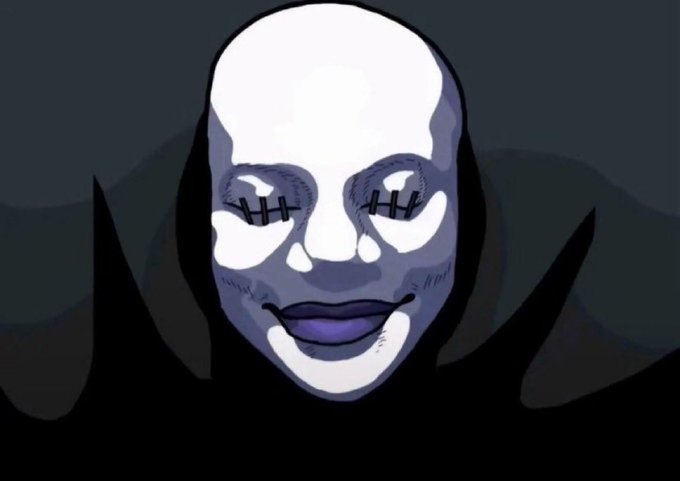 An animated white-faced character with stitched eyes, purple lips, and a dark hooded cloak against a grey background.