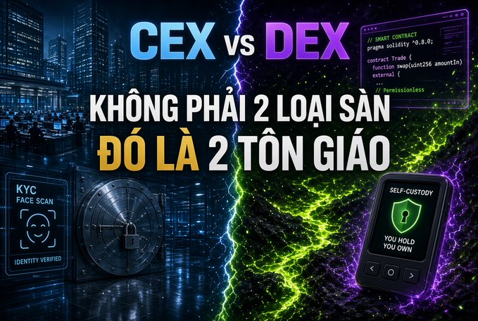 A vibrant crypto-themed graphic comparing 'CEX vs DEX' in Vietnamese, with text reading 'KHÔNG PHẢI 2 LOẠI SÀN ĐÓ LÀ 2 TÔN GIÁO' (Not two types of exchanges, but two religions), showing KYC face scan on left and self-custody wallet on right.