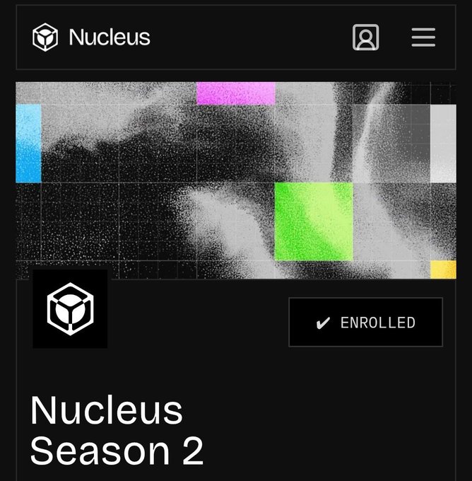 Screenshot of the Nucleus website showing 'Nucleus Season 2' with an 'ENROLLED' status button against a black background with colorful geometric shapes.