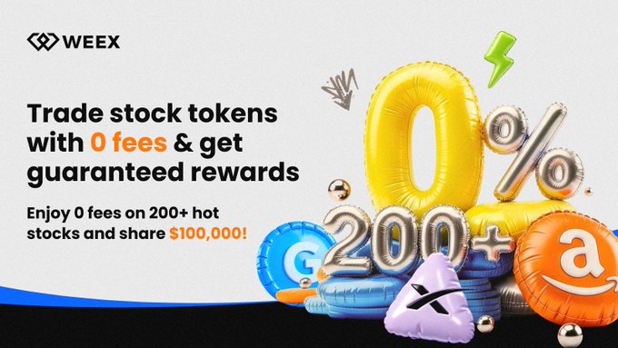 A promotional banner for WEEX advertises "0 fees" on 200+ stock tokens and a $100,000 rewards giveaway, featuring colorful 3D balloons and icons of major brands including Google (G), Amazon (a), and X, with the event running from July 21–31, 2026.