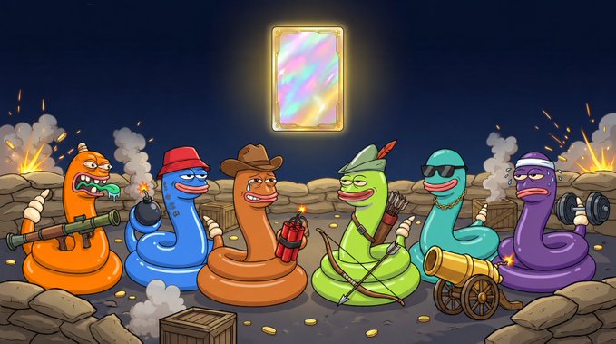 A colorful cartoon illustration showing six anthropomorphic snakes in various military outfits with weapons, positioned in a bunker-like setting with a glowing iridescent card displayed on the wall above them.