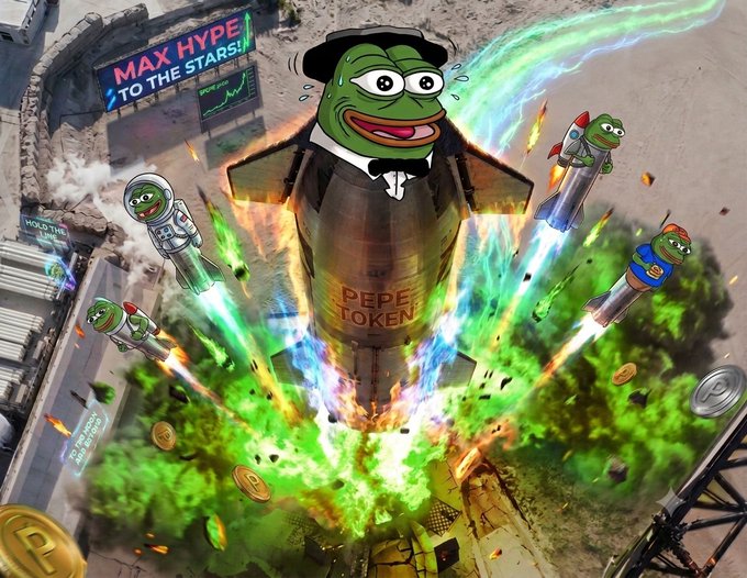 A cartoon-style illustration of a Pepe the Frog rocket labeled 'PEPE TOKEN' launching with green flames, surrounded by smaller rocket frogs and gold coins, with a billboard reading 'MAX HYPE TO THE STARS'.