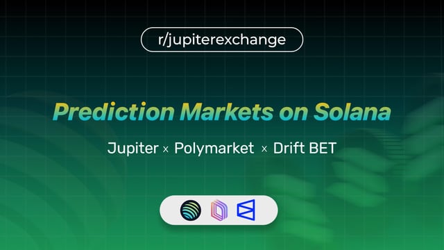 The image features a green background with white text that reads "Prediction Markets on Solana: Jupiter, Polymarket, kalshi and Drift Bet". The text also includes logos for companies such as Jupiter, Polymarket, kalshi, and drift bet. These logos are placed in the center of the image, making them stand out against the green background.