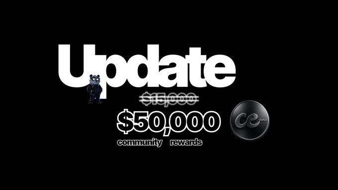 The image announces an "Update" with community rewards increasing from $15,000 to $50,000 worth of $CEDO, shown with a stylized logo. This directly reflects the accompanying post about an NFT mint and increased reward pool.