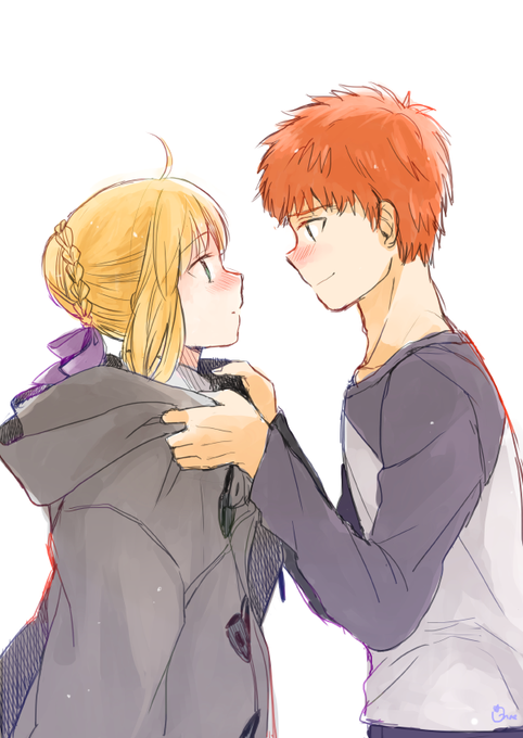An anime-style illustration of a young couple with the blonde-haired girl in a braid and a red-haired boy looking lovingly at each other, with the boy holding her coat.