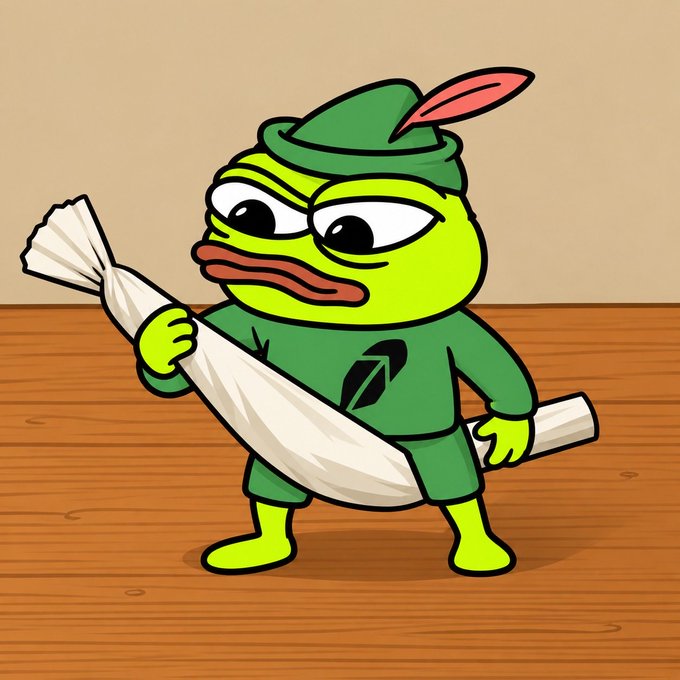 A cartoon Pepe the Frog dressed as Robin Hood in a green outfit with a feathered cap, holding a rolled-up paper document.