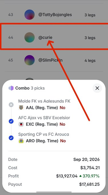 A screenshot shows a list with the entry '@curie' highlighted by a red box and arrow, alongside a 'Combo 3 picks' menu for sports betting showing matches like AAL, EXC, and ARO with a payout of $17,681.25.