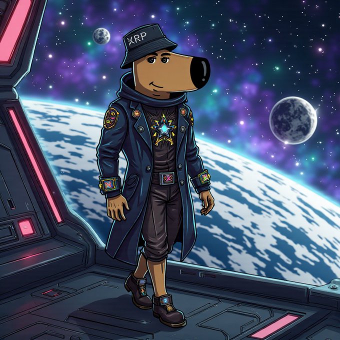 The image features a cartoon dog dressed in a blue coat and hat standing on a platform with a futuristic design. The background of the image shows planets, suggesting that they are in space or aboard a spaceship. The caption reads "Good morning to the chill fam only. Caught a quick glimpse of the XRP moon mission preview this morning. No rush, we know where it's going. Have an amazing week." This post seems to be related to the XRP coin and its potential value as a speculative investment in space exploration or other ventures.