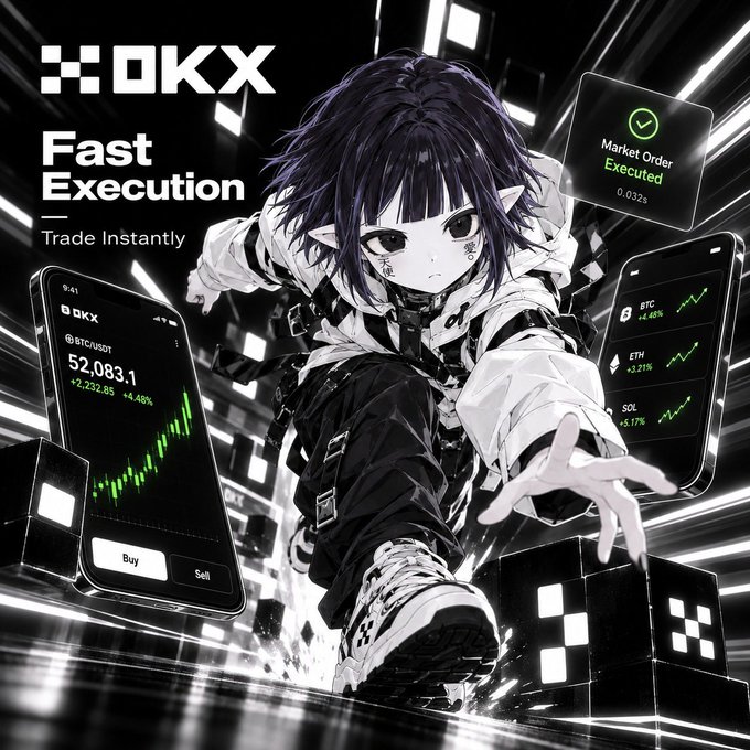 An OKX cryptocurrency exchange advertisement featuring an anime-style character alongside phones displaying BTC, ETH, and SOL trading charts and a 'Market Order Executed' notification.