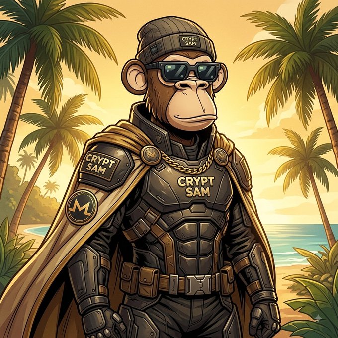 A digital illustration of a monkey character wearing tactical armor, a cape, and sunglasses, with 'CRYPT SAM' written on its chest, hat, and shoulder patch, set against a tropical beach background.