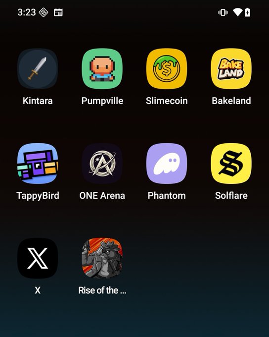 A smartphone home screen displaying app icons for games and crypto apps including Kintara, Pumpville, Slimecoin, Bakeland, TappyBird, ONE Arena, Phantom, Solflare, X, and Rise of the...