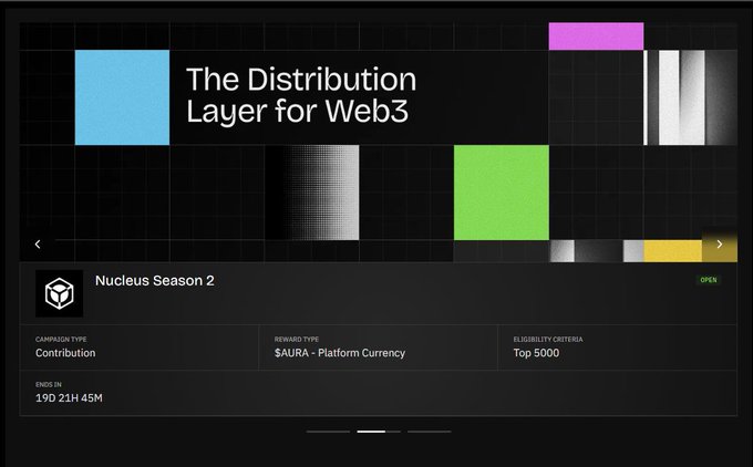 This image shows "Nucleus Season 2: The Distribution Layer for Web3" campaign, ending in 19 days, with $AURA as the reward for the Top 5000 participants.