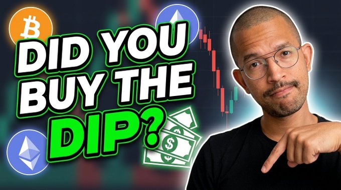 A man points downward at the bold green text "DID YOU BUY THE DIP?" set against a cryptocurrency backdrop featuring Bitcoin and Ethereum logos, dollar bill graphics, and a candlestick chart, visually promoting the YouTube video's message about upcoming volatile market movements in Bitcoin and altcoins.