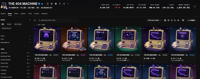 A user named "THE 404 MACHINE" is browsing the OpenSea collection of NFTs issued by Otomate on the Ink blockchain, displaying floor prices of 0.155 ETH and a total volume of 398.41 ETH. The image illustrates the broader Otomate ecosystem referenced in the post, which argues against flipping these genesis NFTs for small profits given the project's innovation as an Ink hackathon winner.