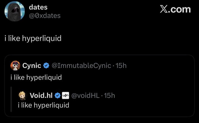 A X.com post by user "dates" (@0xdates) reading "i like hyperliquid" is shown above a quote tweet chain featuring both @ImmutableCynic and @voidHL (Void.hl) posting identical "i like hyperliquid" replies, illustrating a viral chain of support for Hyperliquid.