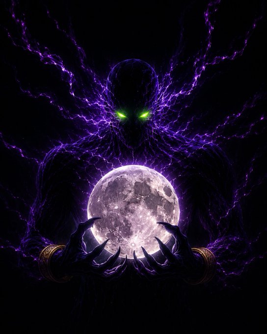 A shadowy, horned demonic figure with glowing green eyes and crackling purple energy emerges from darkness, its clawed hands cradling a luminous full moon — evoking a powerful, mystical "king of the night" energy that matches the post's bullish, royal tone of addressing "GN Kings and Queens."