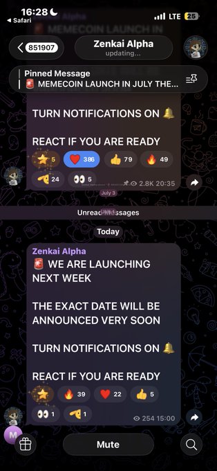A screenshot of a Telegram channel called 'Zenkai Alpha' with pinned and recent messages announcing a 'MEMECOIN LAUNCH IN JULY', urging users to 'TURN NOTIFICATIONS ON' and 'REACT IF YOU ARE READY'.