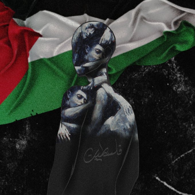 A digital artwork displayed against a flowing Palestinian flag features ghostly overlapping figures and a signature in Arabic script, embodying solidarity as a 1/1 NFT on @objktcom titled "freedom movement." The piece visually echoes the post's theme of Palestinian resistance and liberation through its haunting, embrace-like composition.