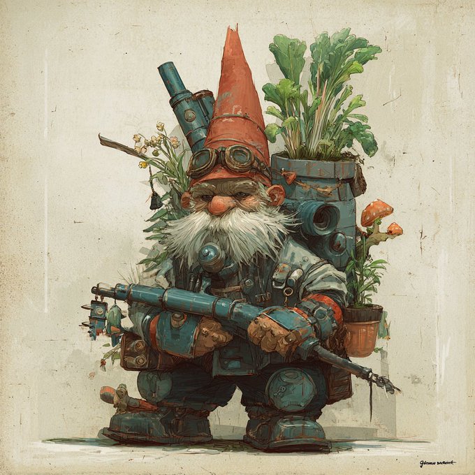 A detailed illustration of a steampunk-style gnome with a red pointed hat, bushy white beard, goggles, and mechanical gear, holding a large rifle with plants and mushrooms growing around him.