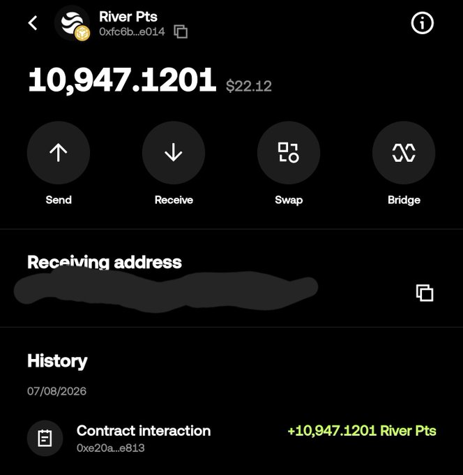 A cryptocurrency wallet screenshot displays a balance of 10,947.1201 River Points ($22.12 value), with a history entry dated 07/08/2026 showing a +10,947.1201 River Pts contract interaction, corresponding to the staking rewards the user received for tagging $RIVER.