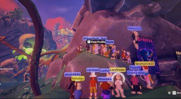 A crowded scene from a video game or virtual world with many players displaying name tags above their characters in a vibrant, colorful landscape.