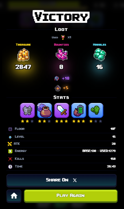 A 'Victory' screen from a mobile game displaying loot stats including 2847 Treasure, 0 Bounties, 16 Marbles, and player stats like Floor 48F, Level 16, ATK 28, and 150 Kills.
