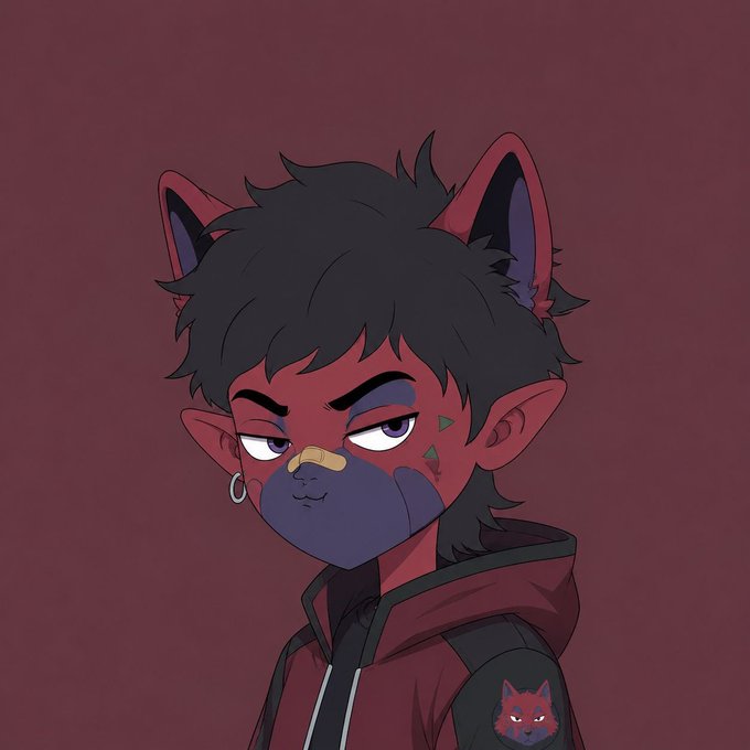 A digital illustration of a red-skinned character with cat ears, messy black hair, and a red hoodie against a dark red background.