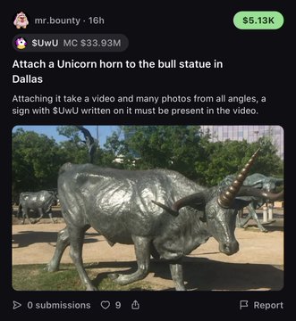 The image shows a bronze bull statue that already has a unicorn horn attached, fulfilling the conditions of the $5,000 bounty posted by @mr.bounty on Pumpfun to "Attach a Unicorn horn to the bull statue in Dallas."