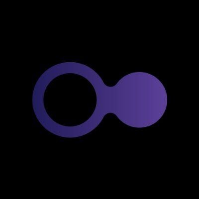 A dark background featuring a stylized purple gradient logo consisting of an open ring connected to a filled circle.