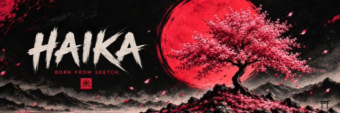 A promotional banner for "HAIKA" with the tagline "BORN FROM SKETCH" featuring a stylized Japanese-inspired illustration with a red moon, pink cherry blossom tree, and a Japanese kanji character.