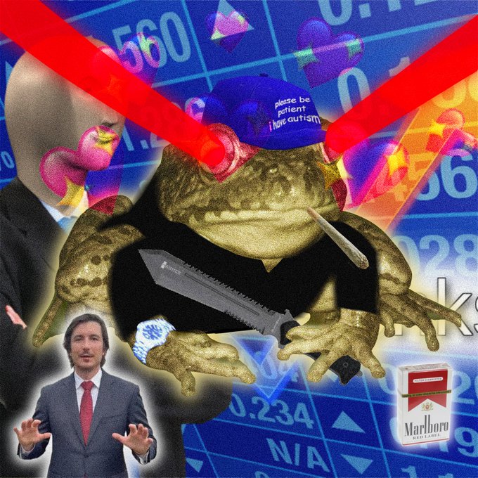 A chaotic meme collage featuring a Pepe frog wielding a knife with laser-beam eyes, a man in a suit, a smoking egg-headed figure, a "please be patient I have autism" hat, and a pack of Marlboro Red Flavour cigarettes, all set against a backdrop of stock market ticker numbers like "560" and "0.234" — visually echoing the chaotic, crypto-pump "no fear only frong" promotion for the $FRONG token.