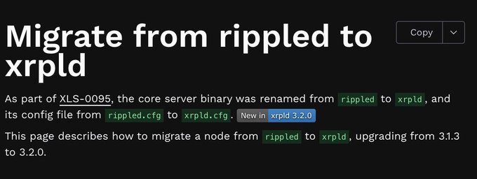 The image shows a screenshot of a page on a website where the XRPL program has been renamed from "ripped" to "xrpld" with the associated patches and migration steps explained. The text also contains instructions on migrating the program, including how to modify the paths and permissions for users to handle changes made in the migration process.