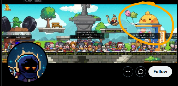 A pixel art scene from a 2D platformer game shows a crowd of characters gathered in front of a fountain, with a yellow chick character circled in orange on a building to the right.