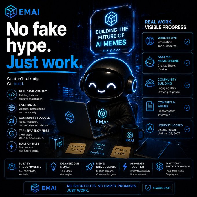 A vibrant promotional poster for 'EMAI' with the slogans 'No fake hype. Just work.' and 'BUILDING THE FUTURE OF AI MEMES,' highlighting features like 'WEBSITE LIVE,' 'ASKEMAI MEME ENGINE,' 'COMMUNITY BUILDING,' 'CONTENT & MEMES,' and 'LIQUIDITY LOCKED.'