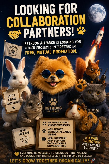 A 'Looking For Collaboration Partners' poster for Bethdog Alliance featuring cartoon animals (dog, rabbit, cat, hamster, squirrel) offering free mutual promotion, video reposts, and community support.