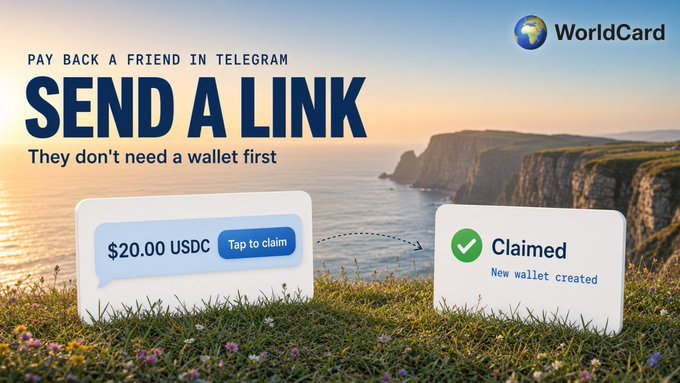 WorldCard advertisement showing "PAY BACK A FRIEND IN TELEGRAM - SEND A LINK - They don't need a wallet first" with visuals of a $20.00 USDC link being claimed and a new wallet created, set against a coastal cliff landscape.
