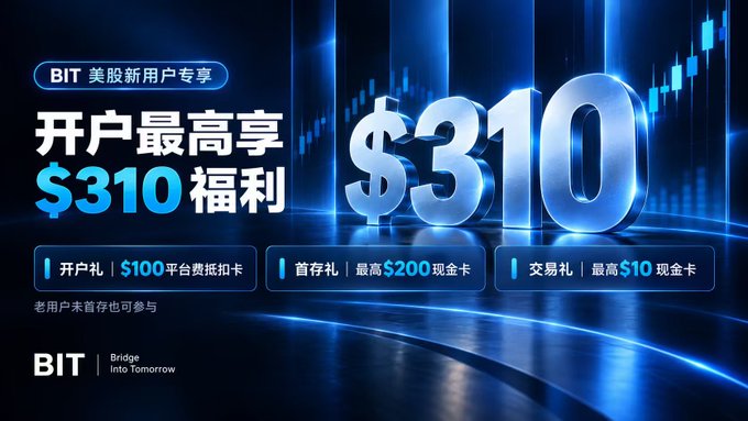 A promotional advertisement for BIT (Bridge Into Tomorrow) offering up to $310 in benefits for new US stock users, including $100 platform fee card, up to $200 cash card, and up to $10 cash card.