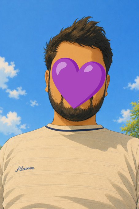 Anime/illustrated style portrait of a bearded man with messy dark hair wearing a beige sweater labeled 'Alaiinne', with a large purple heart emoji covering his eyes, set against a blue sky with clouds.