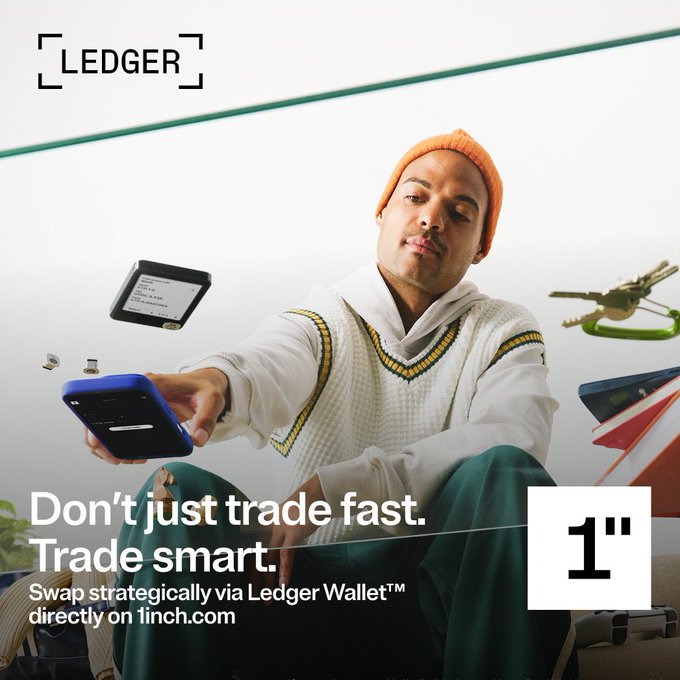 The image features a man sitting down, holding his cellphone up towards the camera. The caption reads "Don't just trade fast. Trade smart. Swap strategically via Ledger Wallet". This seems to be related to the concept of DeFi and how one can benefit from using platforms like Ledger for better trading strategies and financial decisions. The image shows an everyday object, a phone, being used in this context as it symbolizes the importance of leveraging technology to make informed financial choices.