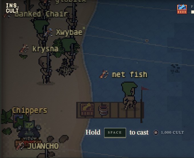 A pixel-art game screenshot showing characters with names like 'Xwybae', 'krysna', 'Chippers', and 'JUANCHO' near a beach, with a 'net fish' action requiring 1,000 CULT and a prompt to 'Hold SPACE to cast'.