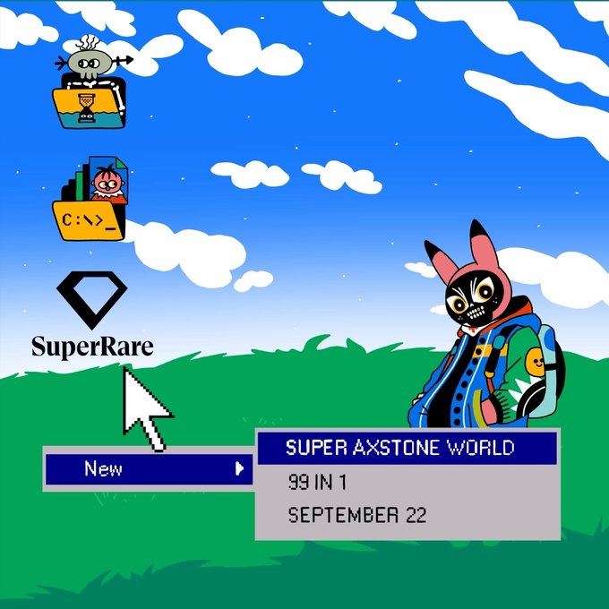 A digital illustration in a Windows XP aesthetic featuring an anime-style character in a rabbit mask, with 'SuperRare' branding and a label reading 'SUPER AXSTONE WORLD 99 IN 1 SEPTEMBER 22'.