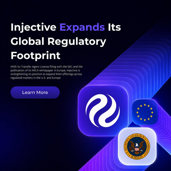 A promotional graphic with the headline 'Injective Expands Its Global Regulatory Footprint' discusses the platform's SEC Transfer Agent License filing and MiCA whitepaper, featuring the Injective logo alongside EU and SEC emblems.