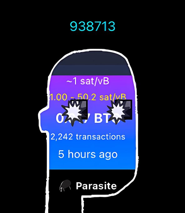 A notification from Ordinals Wallet displays a Mint card for the collection "OMB / BTB" by Parasite, showing the inscription ID 938713, a mint price of 0.000019 BTC (~1 sat/vB with fees of 1.00–50.2 sat/vB), 2,242 transactions, and a "5 hours ago" timestamp—celebrating the creator's successful mint of the OMB/Parasite collection.