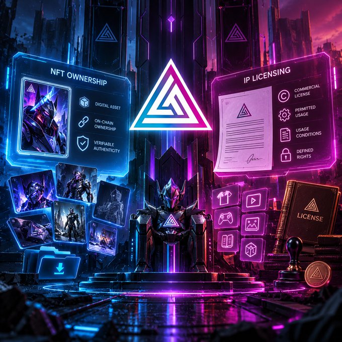 A neon-lit digital artwork showing a central triangular logo surrounded by holographic panels for "NFT OWNERSHIP" (digital asset, on-chain ownership, verifiable authenticity) and "IP LICENSING" (commercial license, permitted usage, usage conditions, defined rights), with a character in armor seated on a throne.