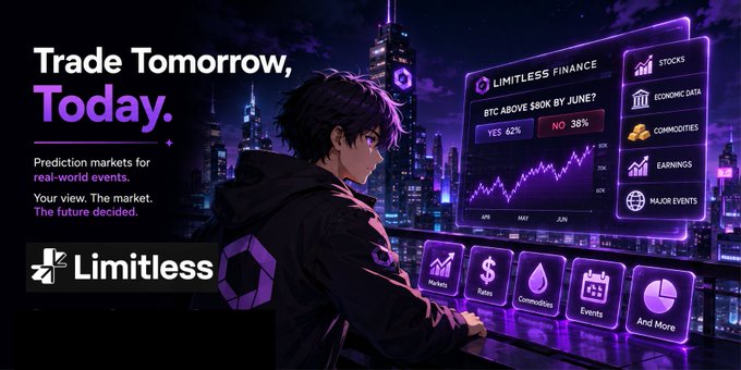An advertisement for Limitless titled 'Trade Tomorrow, Today.' features an anime character at a futuristic terminal displaying a prediction market question: 'BTC ABOVE $80K BY JUNE?' with YES 62% and NO 38%.