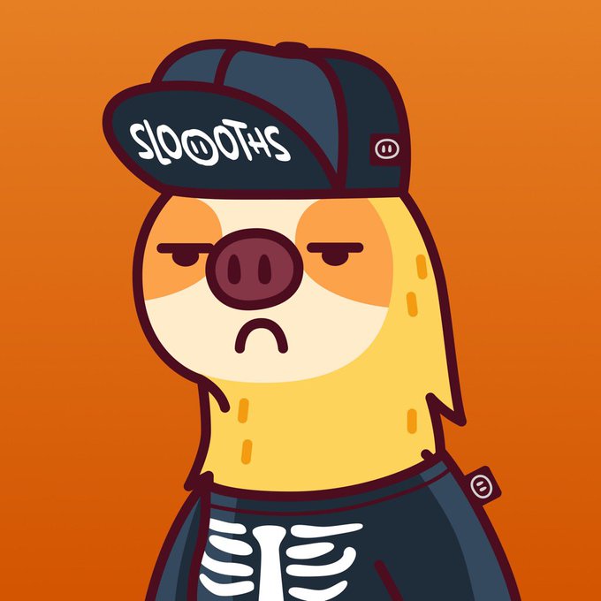 A cartoon illustration of a yellow pig character wearing a backwards navy cap with 'SLOOOTHS' written on it, against an orange background.