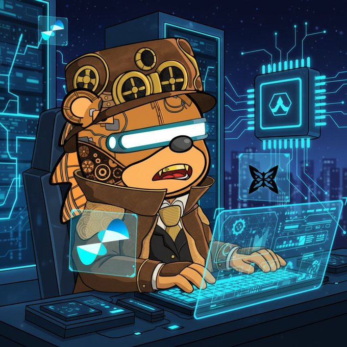 A cartoon dog character wearing a steampunk top hat with goggles and a glowing blue visor types on a glowing holographic keyboard in a high-tech cyberpunk setting with circuit boards and a chip featuring a logo.