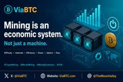 The image is a ViaBTC promotional graphic with the tagline "Mining is an economic system. Not just a machine," featuring graphics of mining hardware, Bitcoin logos, and a bar chart, with the handle "@ViaBTC" and website ViaBTC.com displayed. It relates to the post about $400K Bitcoin price predictions by 2030, as ViaBTC is a well-known cryptocurrency mining pool, tying the bullish price outlook to the mining industry highlighted in the image.