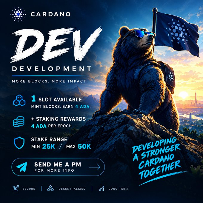 A Cardano promotional graphic titled 'DEV DEVELOPMENT' features a bear with sunglasses holding a Cardano flag, advertising a slot with rewards of 4 ADA per epoch and a stake range of 25K-50K.